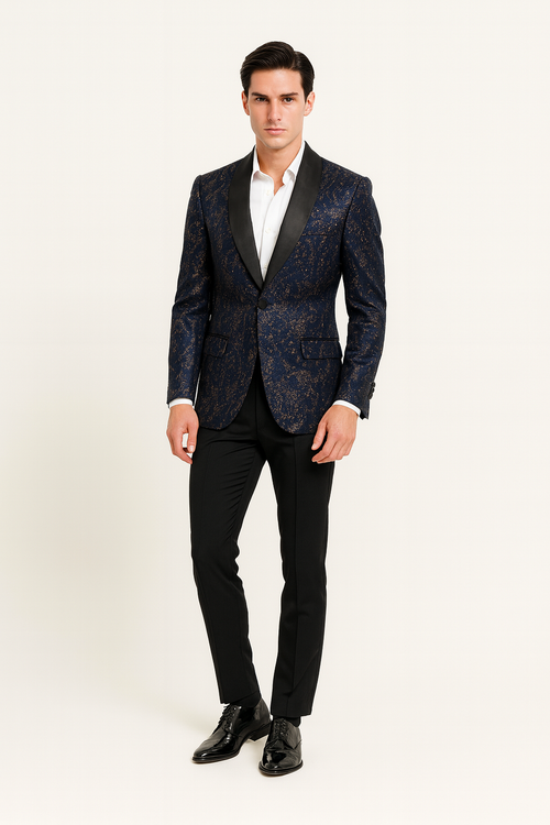 Mens Navy Blue Sequin Tuxedo Jacket with Black Satin Shawl Lapel – Luxury Prom and Wedding Blazer