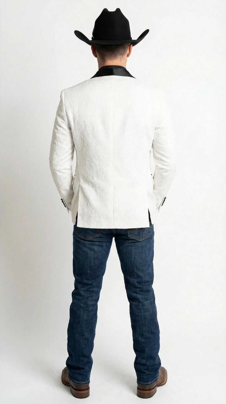 Men’s White Cowboy Blazer with Black Shawl Lapel – Western Formal Jacket for Wedding and Special Events - 36 Short