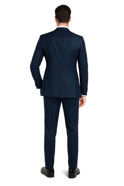 Mens Navy Blue Tuxedo with Satin Peak Lapel with navy sateen – 3 Piece Formal Suit with Vest and Bow Tie