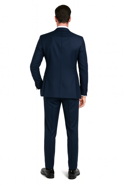 Mens Navy Blue Tuxedo with Satin Peak Lapel with navy sateen – 3 Piece Formal Suit with Vest and Bow Tie