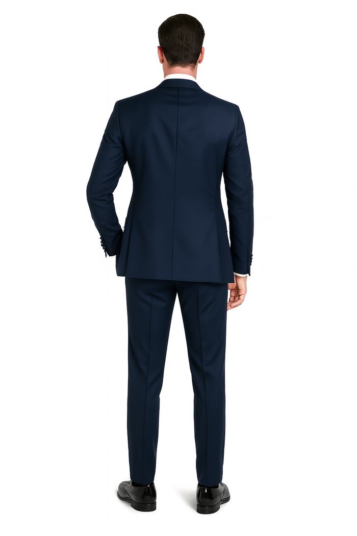 Mens Navy Blue Tuxedo with Satin Peak Lapel with navy sateen – 3 Piece Formal Suit with Vest and Bow Tie