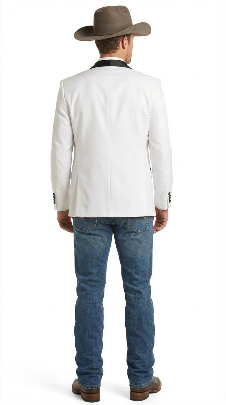 Men’s White Cowboy Blazer with Black Satin Lapel – Western Formal Tuxedo Style Jacket - 36 Short