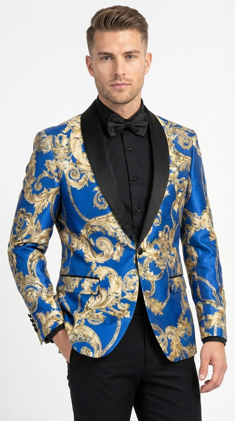 Men’s Royal Blue and Gold Blazer Jacket – Luxury Floral Pattern Tuxedo Blazer, Formal Party Wedding Dinner Jacket, Stylish Evening Wear - 36 Short