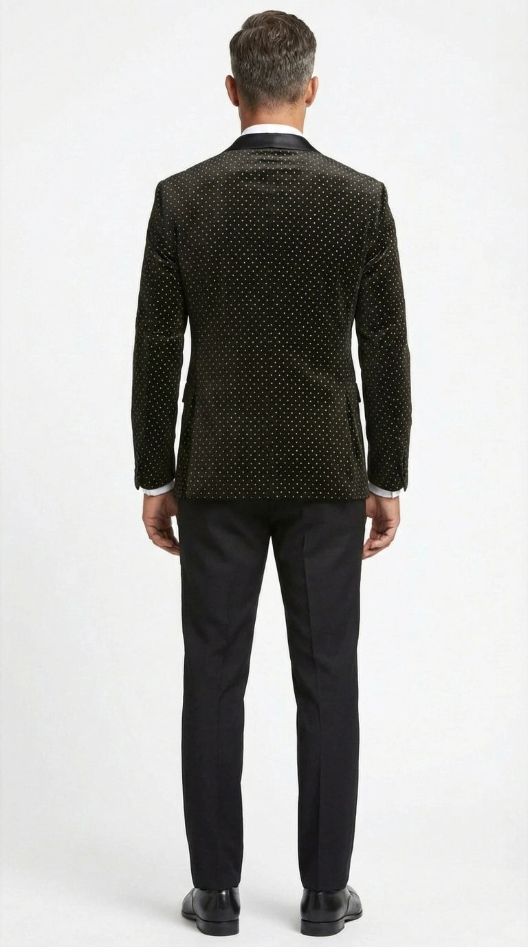 Men’s Black Velvet Dinner Jacket Blazer with Satin Lapel – Formal Evening Tuxedo Style Jacket Polk Dots Pattern + Free bowtie - 36 Short