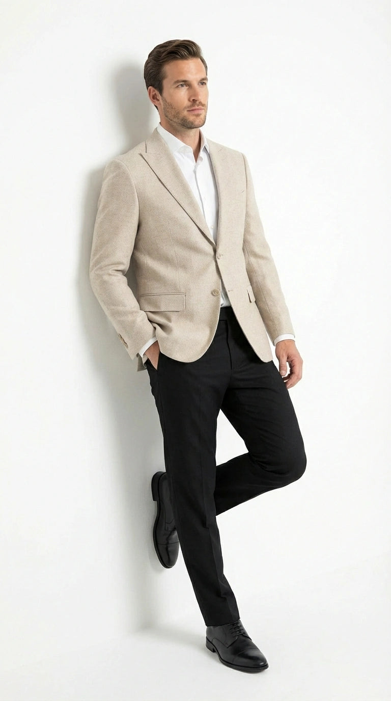 Zacchi Men’s Beige Hopsack Blazer – Classic Two Button Sport Coat with Peak Lapel Formal Jacket - 36 Short