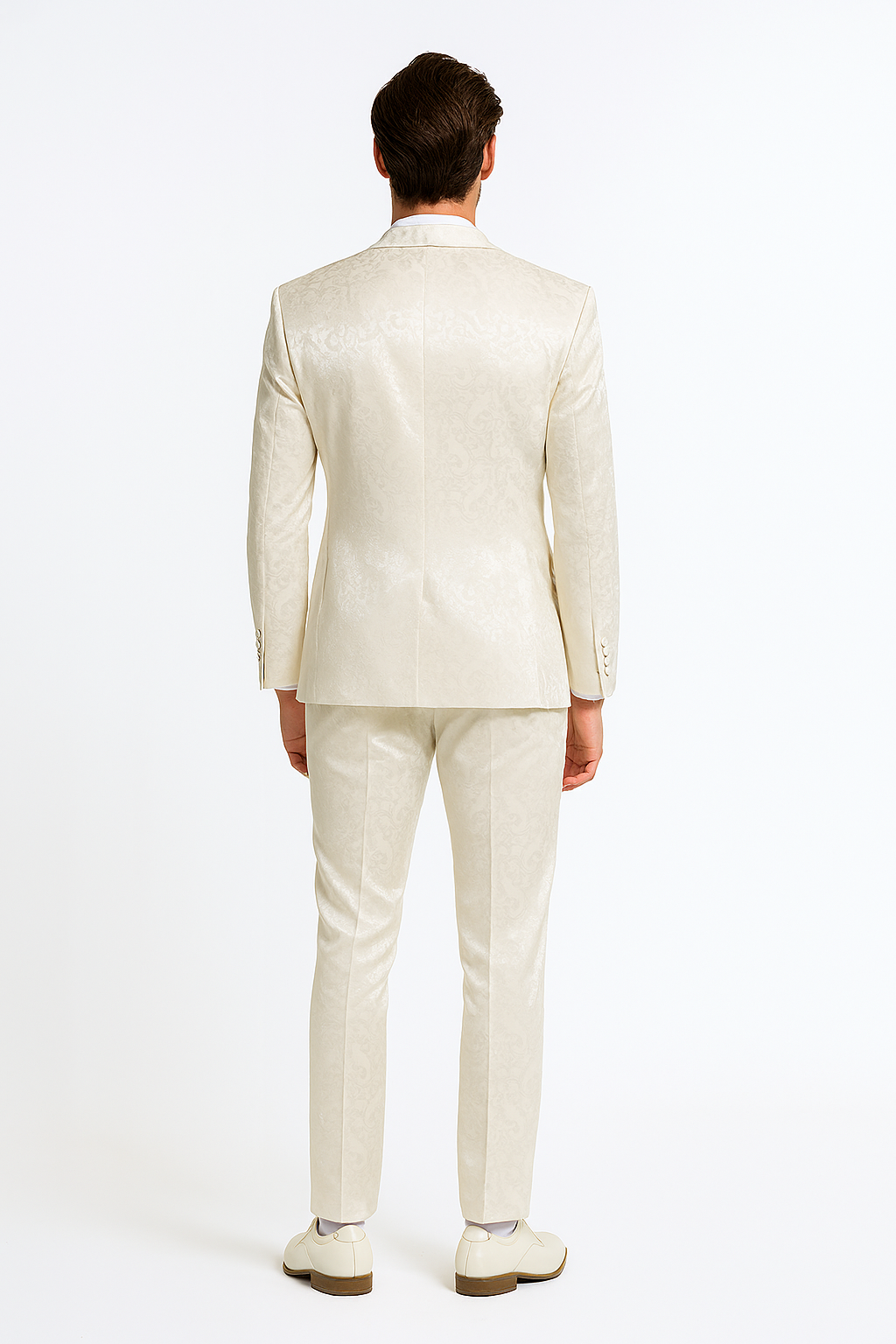 Men’s Champaign Ivory  Jacquard Paisley Tuxedo Suit with Satin Shawl Lapel – Elegant Wedding and Prom Outfit By Rossiman - S