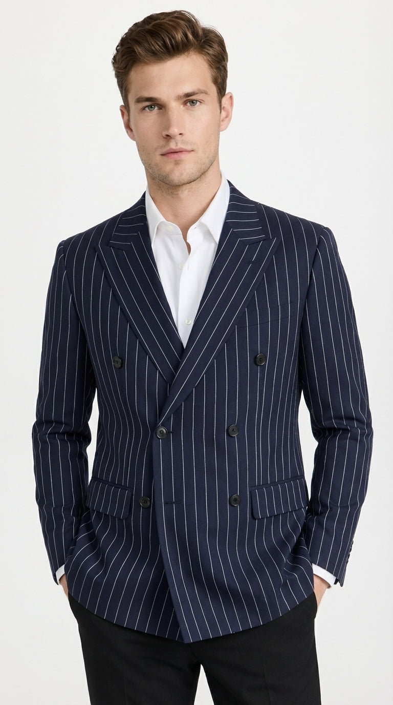 Mens Navy Blue Pinstripe Double Breasted Blazer Sport Coat – Classic Formal Business Jacket for Party and Smart Casual Wear - 36 Short