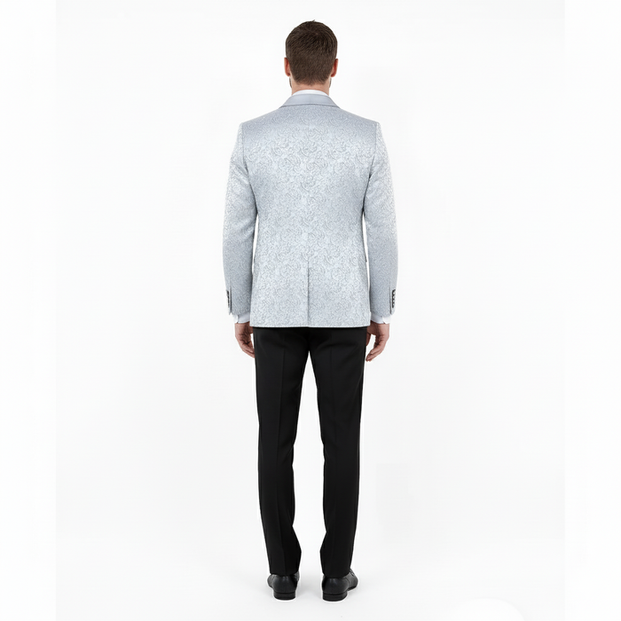 Big and Tall Mens Silver Gray Paisley Tuxedo Jacket Satin Shawl Lapel Blazer for Weddings, Proms, and Formal Events