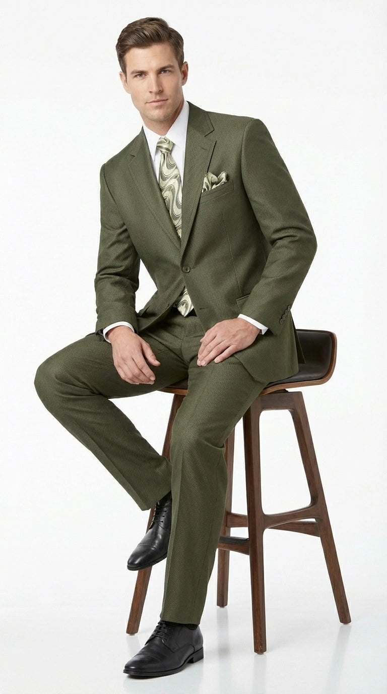 Men’s Olive Green Tuxedo With Trim Collar – Formal Wedding, Prom Suit Modern Fit - 36 Regular Jacket+30 Waist Adjustable 26to32)Height: 5'7"-6')(Neck: 14.5-16:S)