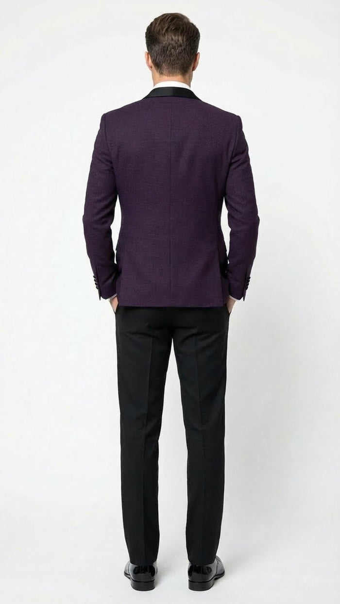 Mens Eggplant Plum Purple Tuxedo Blazer with Satin Lapel, White Tuxedo Shirt and Matching Purple Bow Tie - Slim Fitted - Prom wedding Suit With Pants