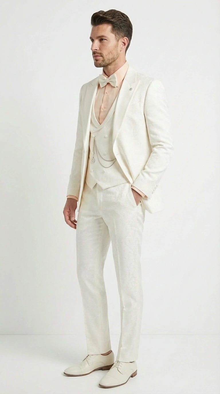 Vinci Men’s Ivory Three Piece Suit – Ivory 3PC Formal Wedding Suit for Groom, Prom and Black Tie Events - 34 Short or Extra Small
