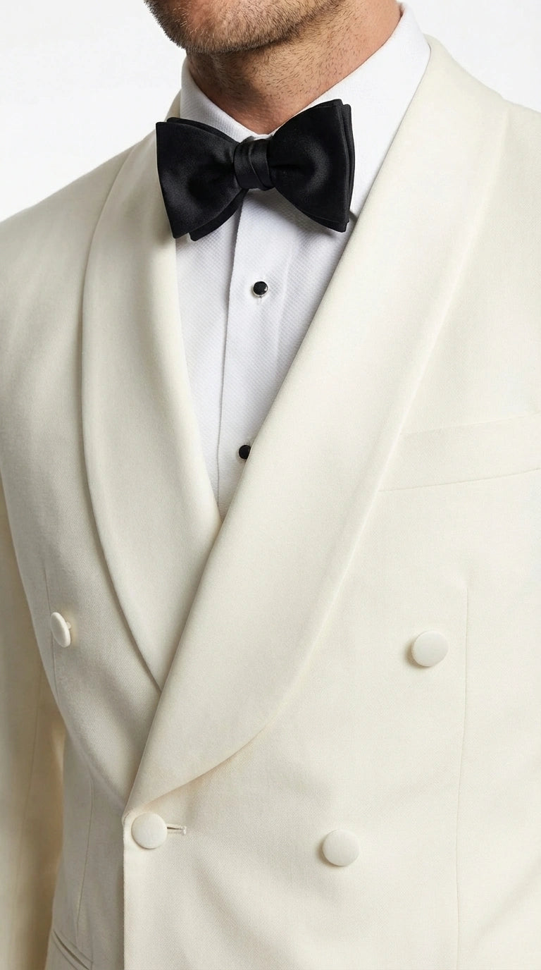Men’s Ivory Wool Dinner Jacket – Classic Double Breasted Formal Tuxedo Jacket for Wedding and Black Tie Events - 36 Short