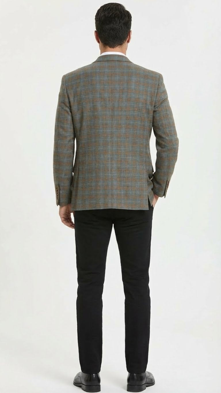 Men’s Green Brown and Teal Plaid Sport Coat – Tailored Fit Check Blazer Jacket - Tartan Sportcoat - 36 Short
