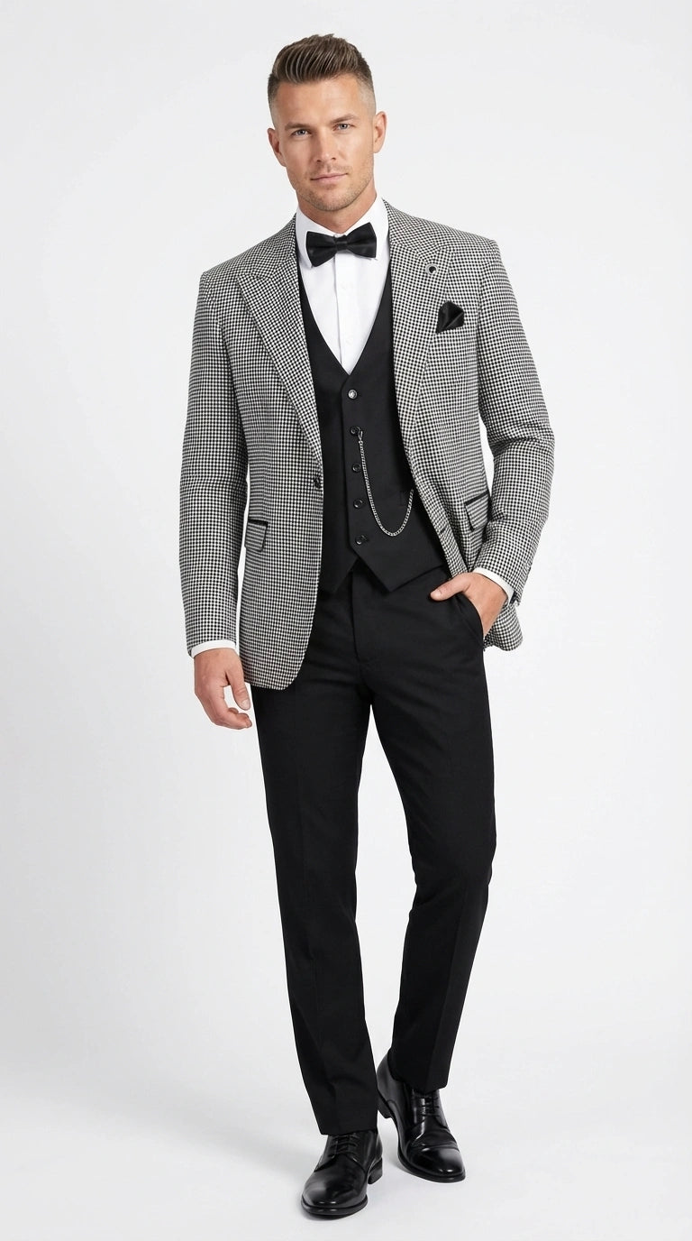 Men’s Black and White Houndstooth Gatsby Inspired Suit – Vintage Style Formal Suit for Wedding, Prom and Classic Events Blazer + Black vest + Black Pants - 34 Short or Extra Small