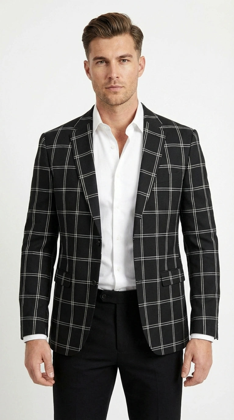 Men’s Black Windowpane Check Blazer – Black Plaid Formal Blazer Jacket for Business, Wedding and Smart Casual Style - 36 Short