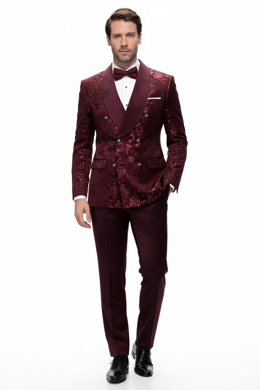 Mens Burgundy Floral Jacquard Tuxedo Dinner Jacket Paisley Velvet Lapel Formal Wear for Weddings and Prom - 34 Short or Extra Small