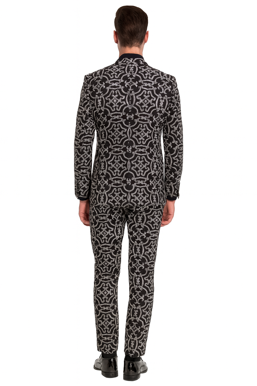 Mens Black and Silver Sequin Tuxedo Slim Fit 2-Piece Party and Wedding Suit with Sparkling Design- Black and White Color - 34 Short or Extra Small