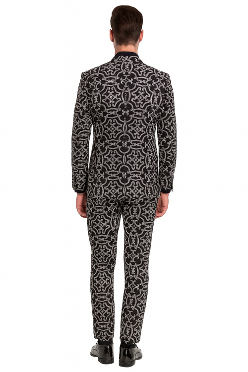 Mens Black and Silver Sequin Tuxedo Slim Fit 2-Piece Party and Wedding Suit with Sparkling Design- Black and White Color