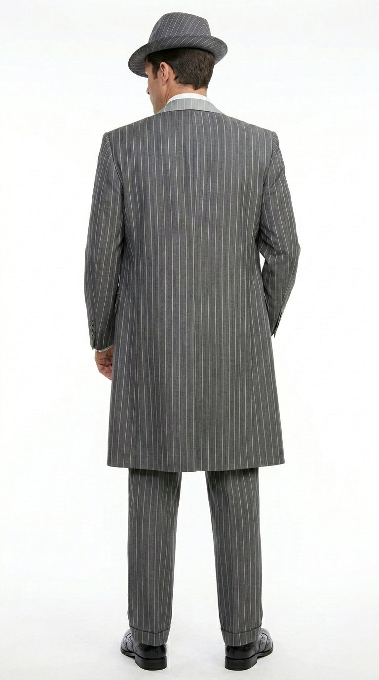 Men’s Grey Pinstripe Zoot Suit 3 Piece – 1920s Gangster Vintage Wide Lapel Suit with Vest for Wedding, Party - 34 Short or Extra Small