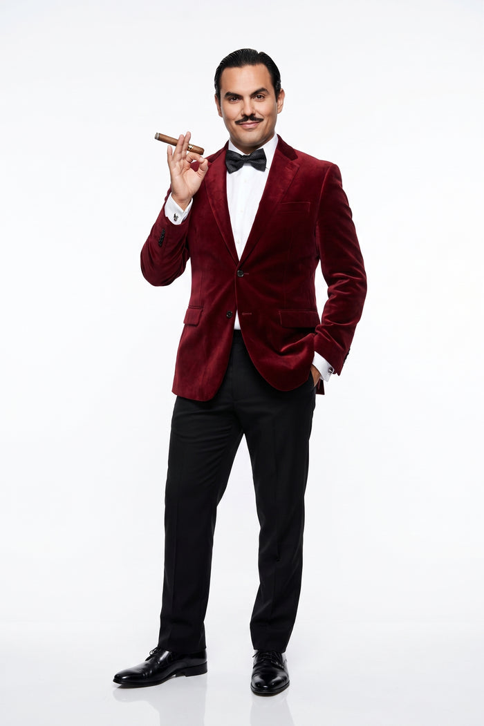 Men’s Gomez Addams Inspired Costume, Burgundy Velvet Blazer with Black Pants Formal Party Outfit Combo