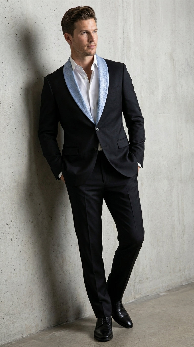 Men’s Black Suit with Light Blue Lapel – Modern Formal Tuxedo Style Suit for Wedding, Prom, Party and Sky Powder Blue Color - 34 Short or Extra Small