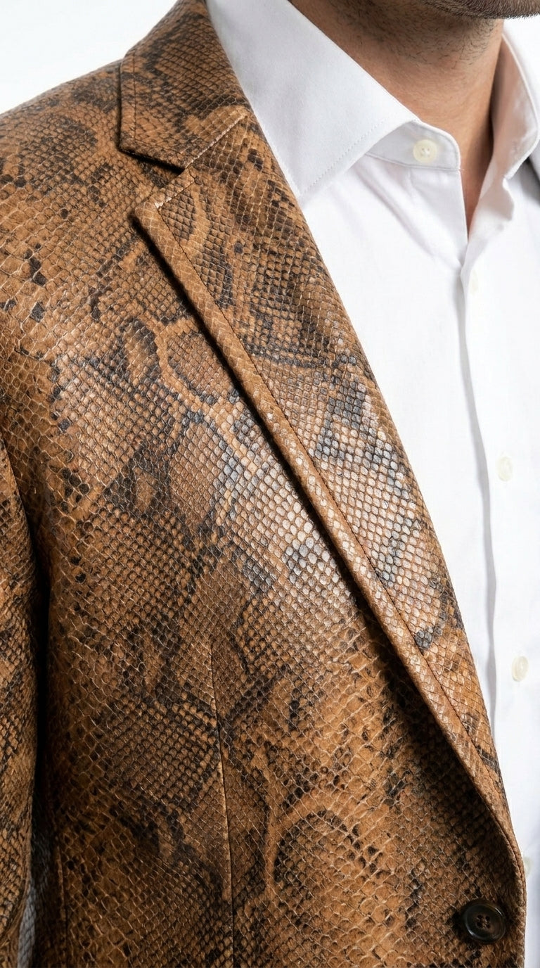 Men’s Brown Snakeskin Pattern Blazer – Stylish Exotic Print Formal Blazer Jacket for Party, Exotic Crocodile Alligator Print - 36 Short