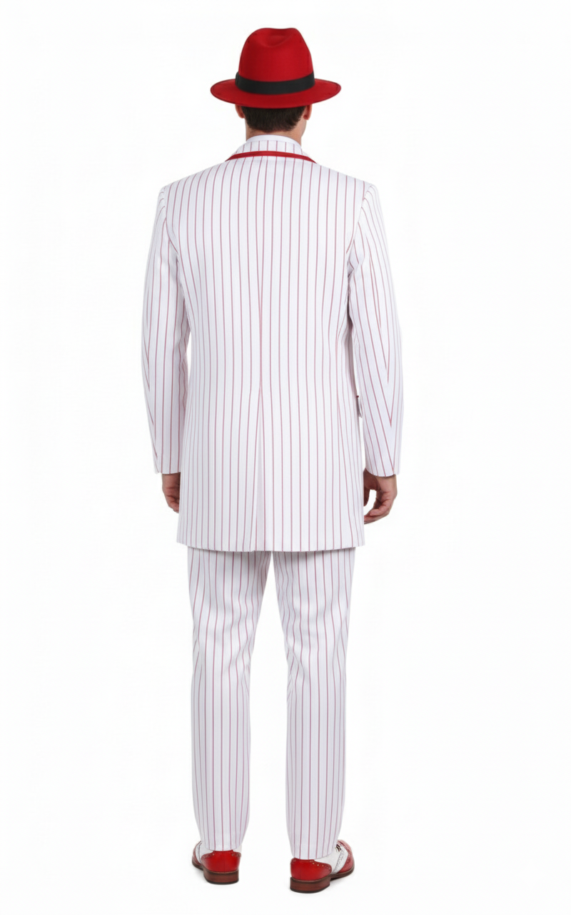 Mens 1920s White and Red Pinstripe Zoot Suit with Fedora Hat and Wingtip Shoes â€“ Vintage Gangster 3-Piece New Year Holiday Christmas Suit - 34 Short or Extra Small
