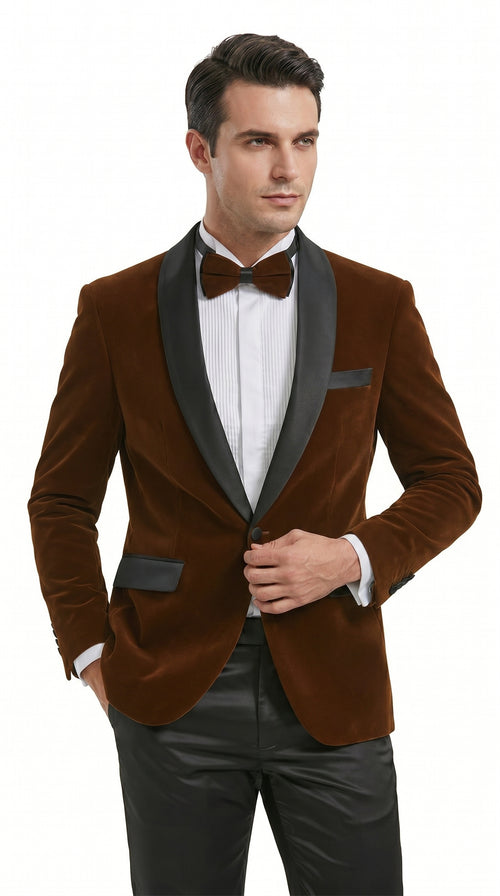 Men’s Brown Camel Bronze Velvet Tuxedo Jacket, Shawl Lapel Wedding Prom Dinner Blazer - Blazer Sportcoat