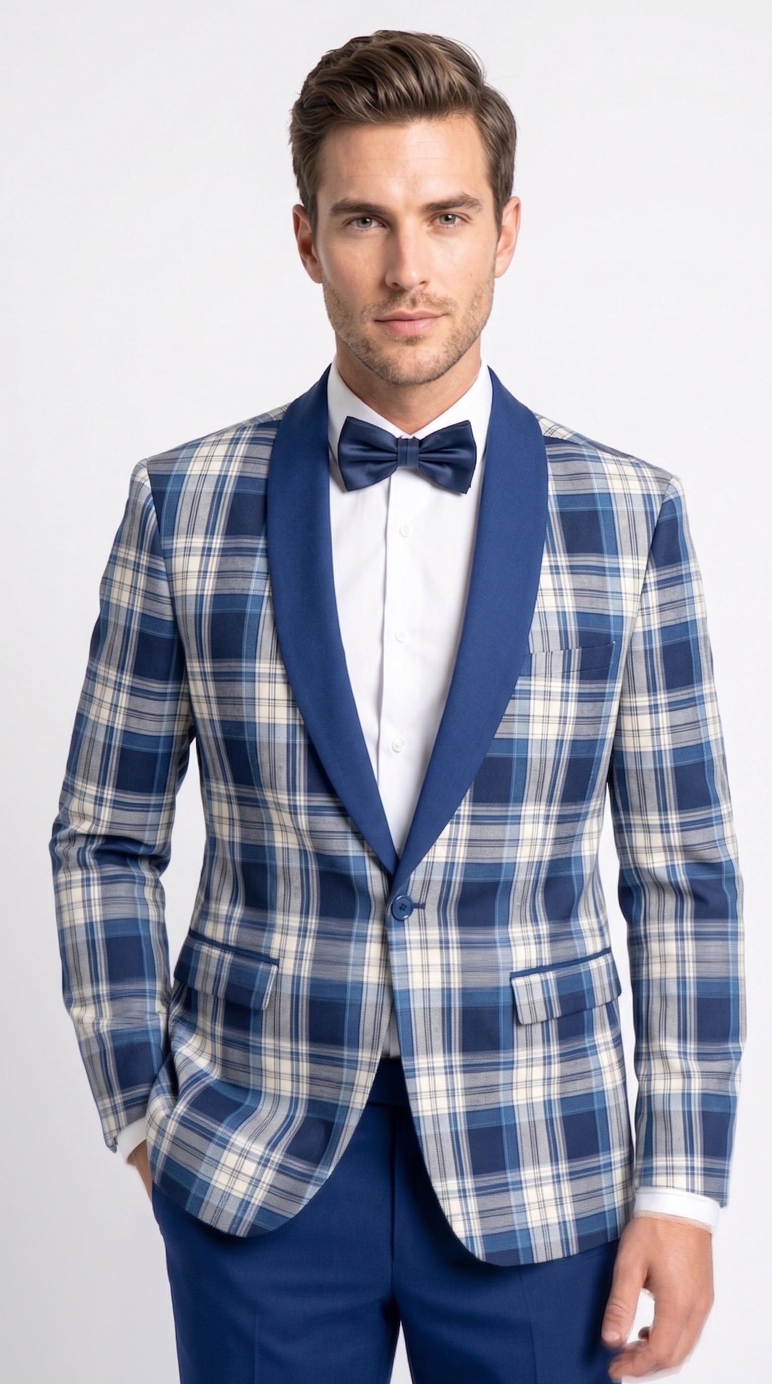 Men’s Tartan Blue Plaid and Solid Blue Tuxedo – Modern Check Pattern Formal Suit for New Year - Christmas - Holiday Jacket with Pants - 34 Short or Extra Small
