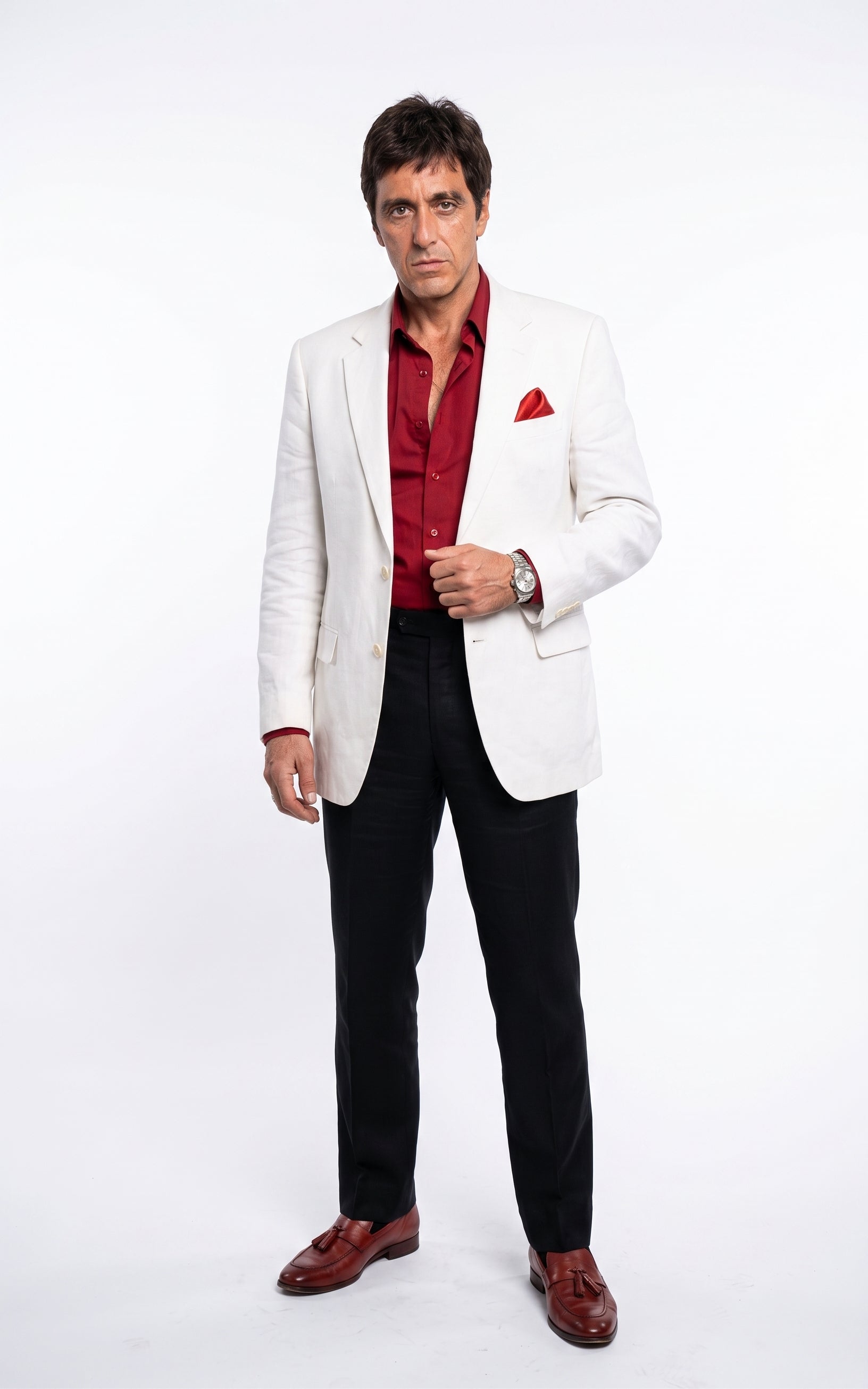 Tony Montana’s White Blazer Red Shirt Black Pants – Men’s White Blazer Outfit with Red Shirt and Black Trousers for Party, Wedding and Vintage Style Wear - 36 Short