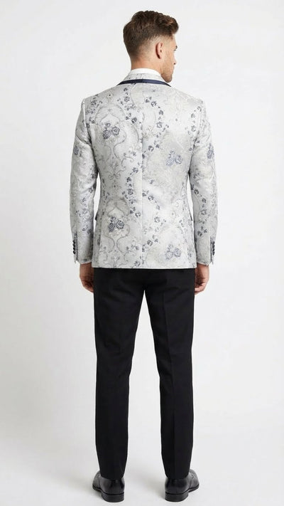 Mens White and Navy Blue Lapel  Floral Jacquard Blazer with Contrast Shawl Lapel Luxury Wedding and Party Wear Jacket paisley Tuxedo Navy Pants