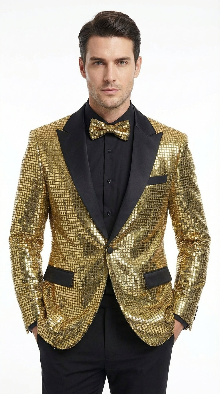 Mens Gold Sequin Blazer with Black Satin Lapel – Gold Formal Party Blazer Jacket for Prom, Wedding and Stage Events - 36 Short