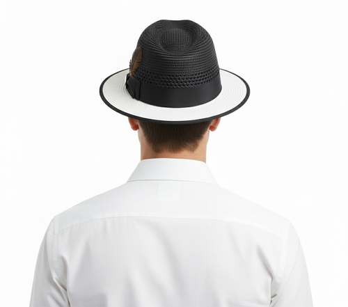 Mens Two-Tone Black and White Fedora Hat with Feather Accent Stylish Summer Dress Hat
