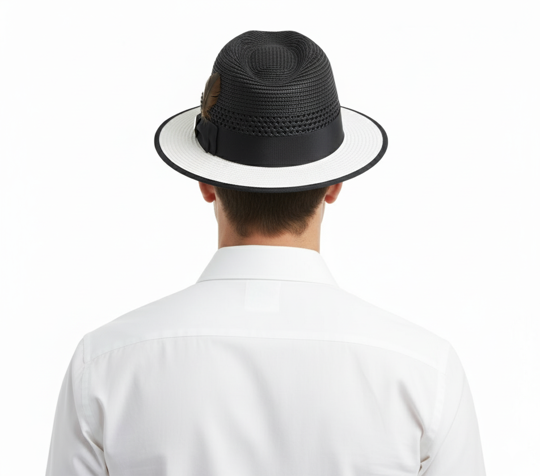 Mens Two-Tone Black and White Fedora Hat with Feather Accent Stylish Summer Dress Hat