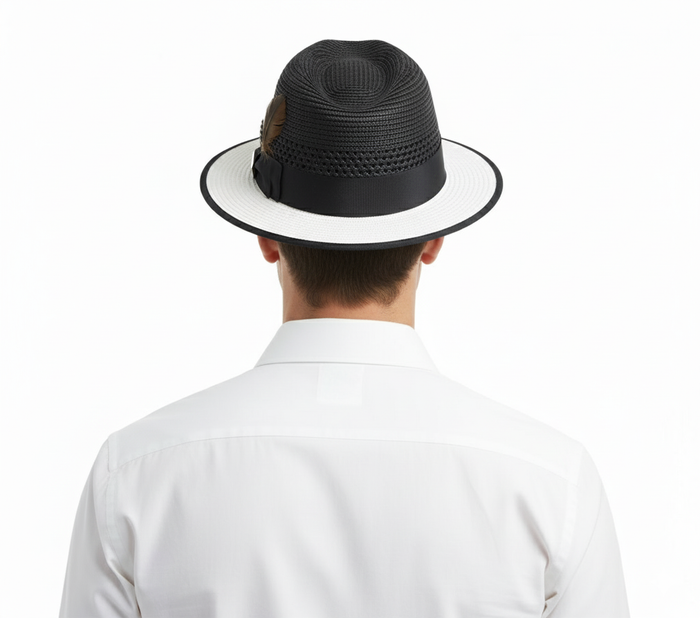 Mens Two-Tone Black and White Fedora Hat with Feather Accent Stylish Summer Dress Hat