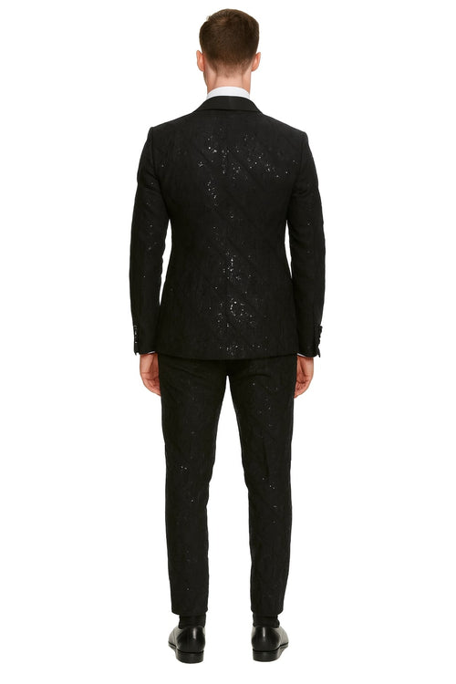 Black Sequin Tuxedo Suit with Satin Shawl Lapel Mens Slim Fit Formal Prom and Wedding Attire