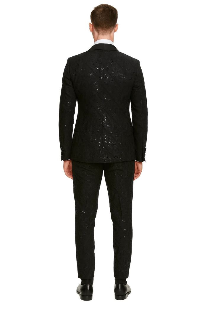 Black Sequin Tuxedo Suit with Satin Shawl Lapel Mens Slim Fit Formal Prom and Wedding Attire