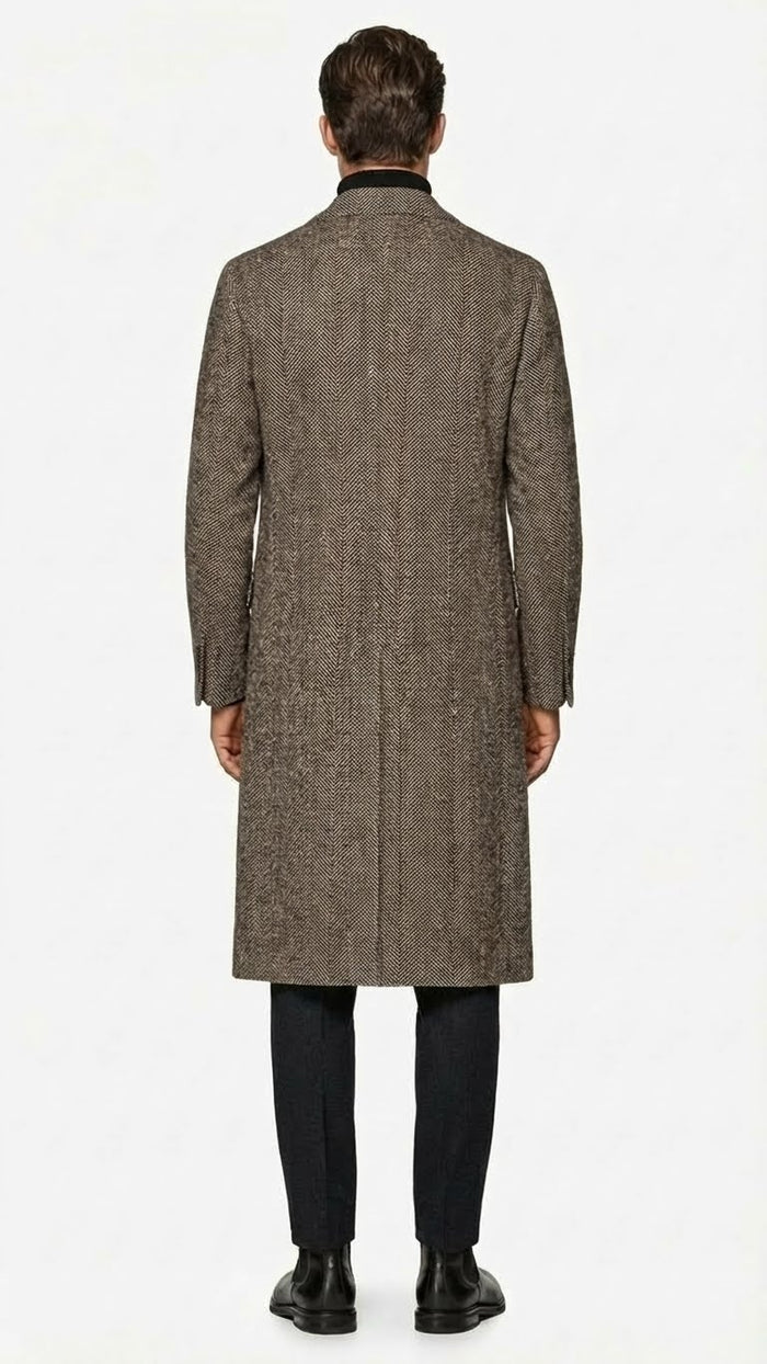 Mens Black & Grey  Herringbone Tweed Wool Blend Overcoat Classic Single-Breasted Winter Blazer Carcoat