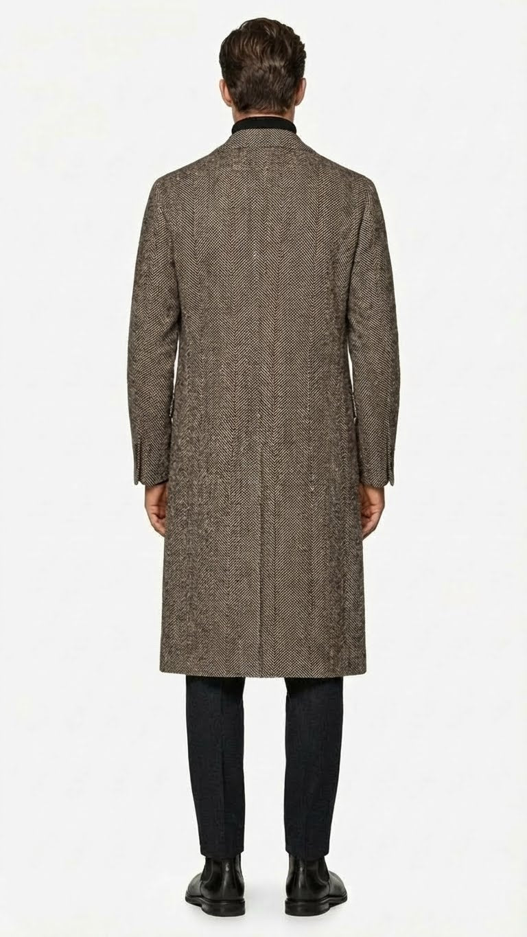 Men’s Black & Grey  Herringbone Tweed Wool Blend Overcoat – Classic Single-Breasted Winter Blazer Carcoat - Coat Size 38