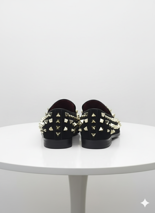Mens Studded Velvet Loafers Designer Party and Prom Dress Shoes with Gold and Silver Spikes