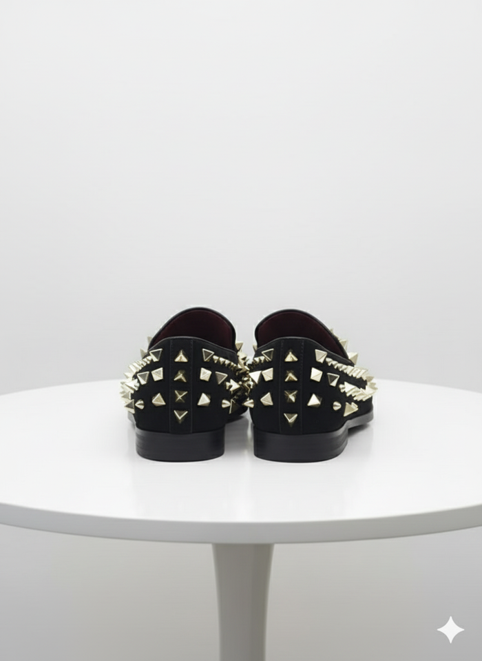Mens Studded Velvet Loafers Designer Party and Prom Dress Shoes with Gold and Silver Spikes