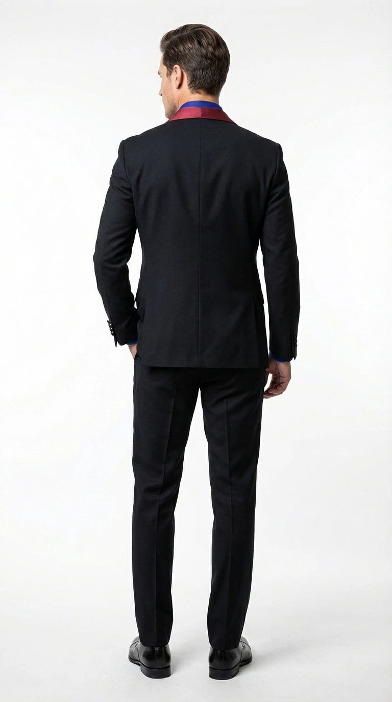 Men’s Black Suit with Burgundy Shawl Lapel –  Formal Tuxedo Suit for Wedding, Prom and Evening Events + Bowtie & Tie - 34 Short or Extra Small