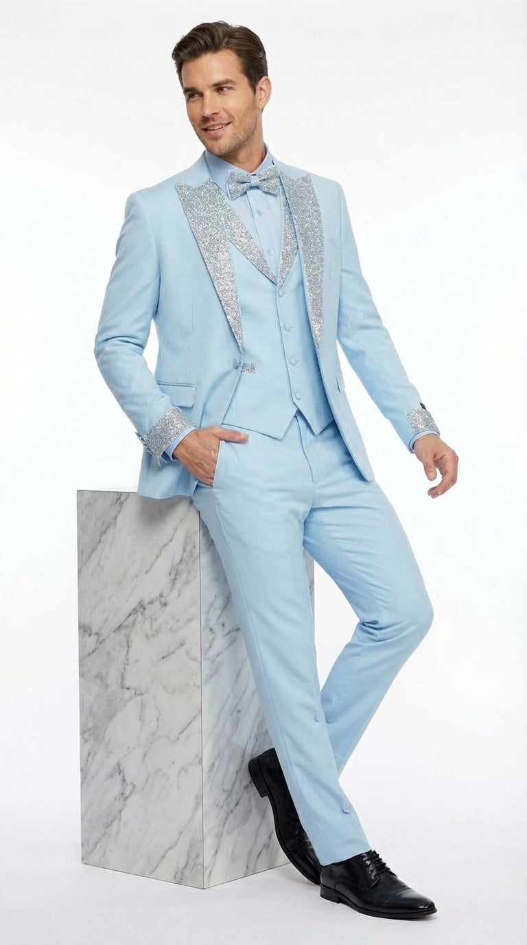 Men’s Light Blue Suit with Silver Glitter Lapel – Light Blue Formal Tuxedo Suit for Prom, Wedding and Special Occasion Wear in Sky Baby Blue - 34 Short or Extra Small