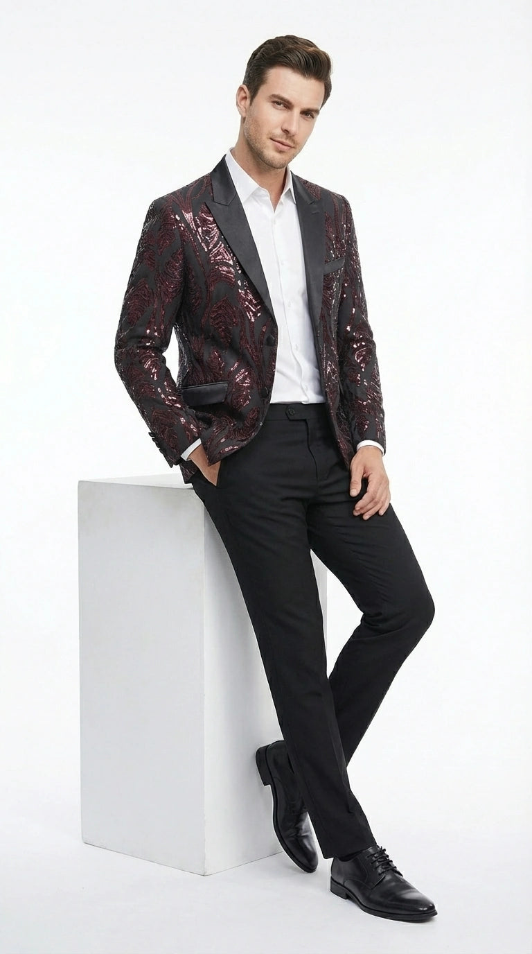 Men’s Black and Burgundy Sequin Blazer – Black Sparkle Sequin Party Blazer with Burgundy Pattern for Prom, Wedding Slim Fitted - 36 Short