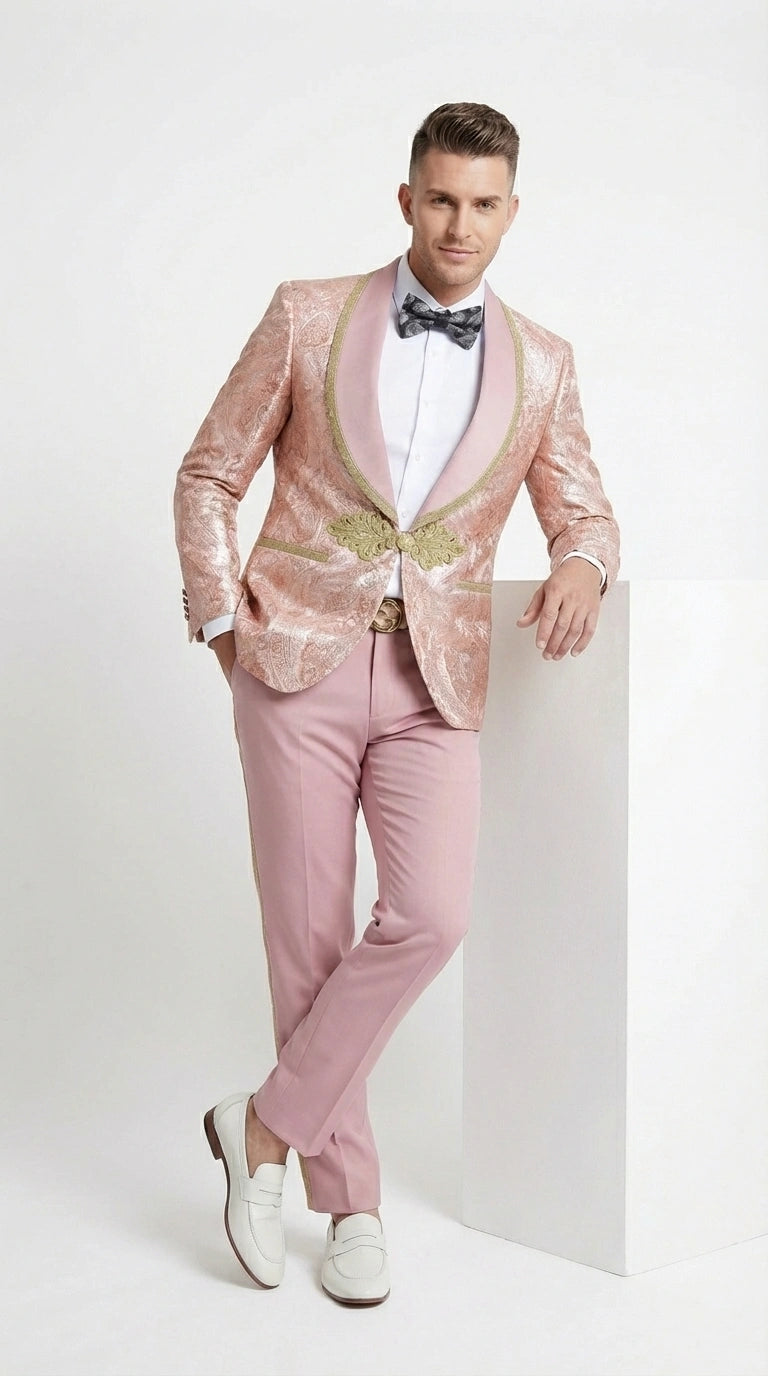 Men’s Rose Gold Pink Prom Tuxedo Suit – Slim Fit Paisley Pattern Formal Tuxedo Suit for Prom, Wedding and Special Events - 34 Short or Extra Small