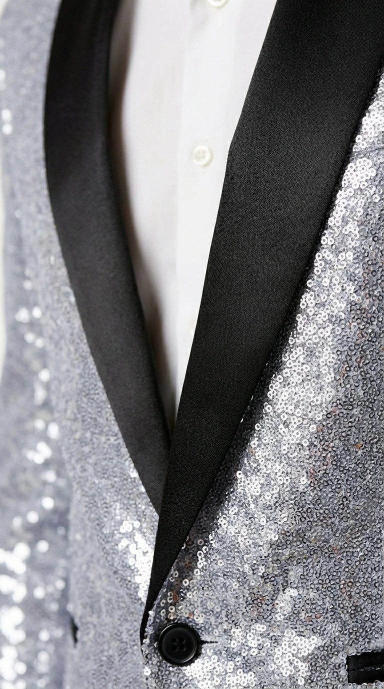 Mens Silver Grey Sequin Tuxedo Suit – Shiny Wedding Suit Set with Black Lapel for Prom, Party, Gala and Formal Evening Wear - 34 Short or Extra Small