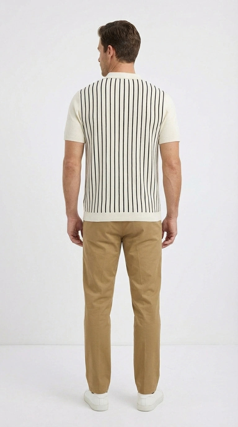 Mens Cream and Tan Striped Walking Suit Set – Casual Summer Short Sleeve Shirt and Pants Outfit for Vacation, Travel and Everyday Wear - S