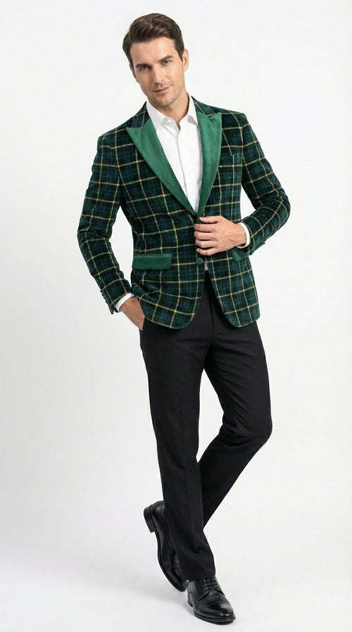 Mens Tartan Green and Gold Check Blazer – Windowpane Plaid Sport Coat Velvet Lapel Plaid Christmas Holiday New Year Jacket