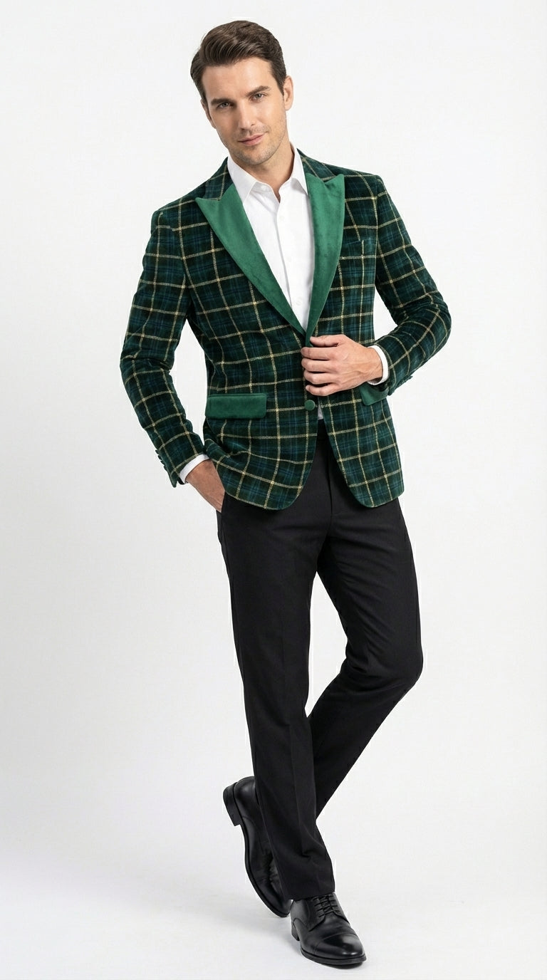 Mens Tartan Green and Gold Check Blazer – Windowpane Plaid Sport Coat Velvet Lapel Plaid Christmas Holiday New Year Jacket