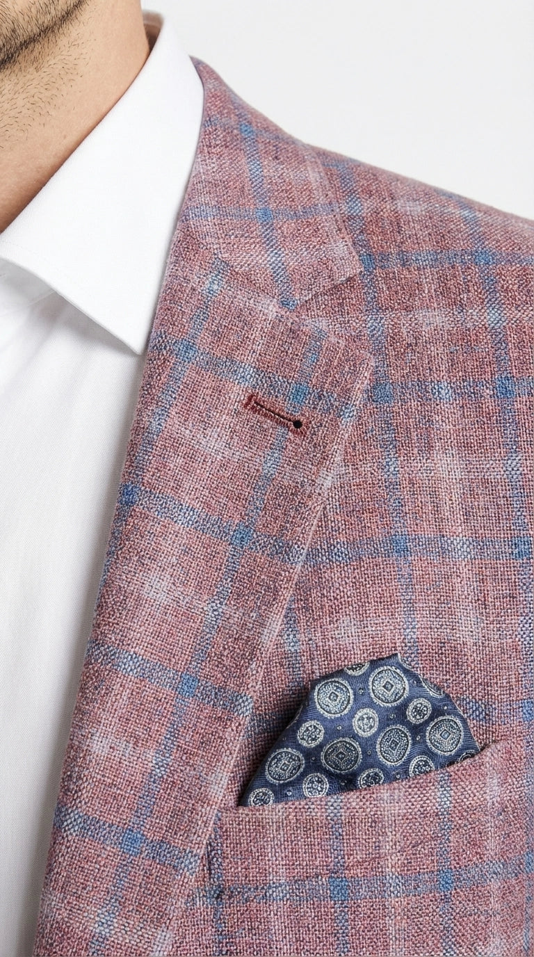 Mens Dusty Rose Mauve Pink with Tint of Blue Plaid Sport Coat Blazer – Classic Check Pattern Casual Blazer Jacket for Business Casual, Wedding - 36 Short